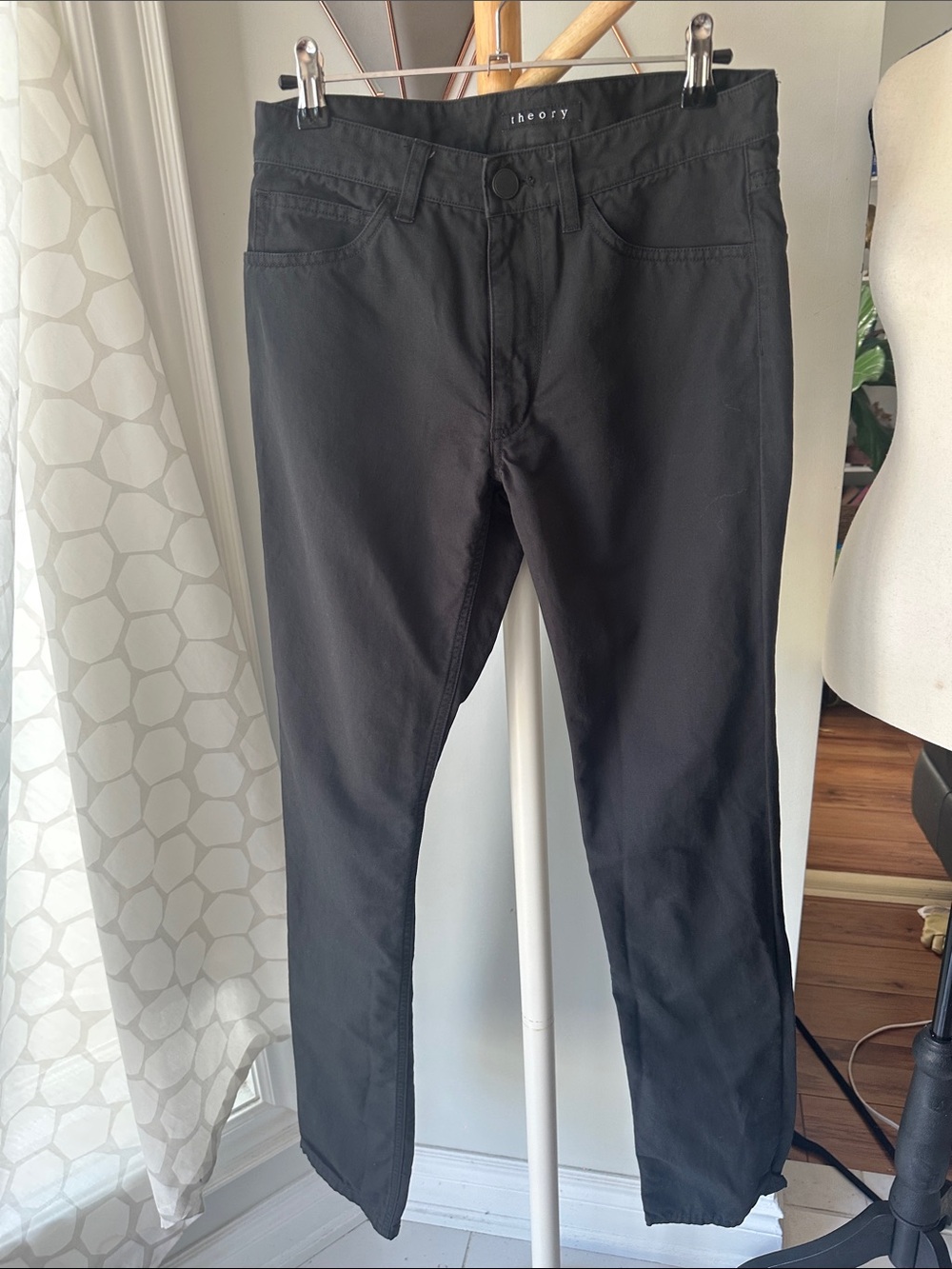 THEORY Linen Cotton Hayden Black Straight-Leg Slim Pants Jeans Denim Size 28